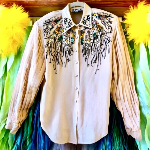 EREZ Tops - EREZ Vintage 80’s SILK + SNAKESKIN LEATHER Blouse Pleats Beaded BLING
